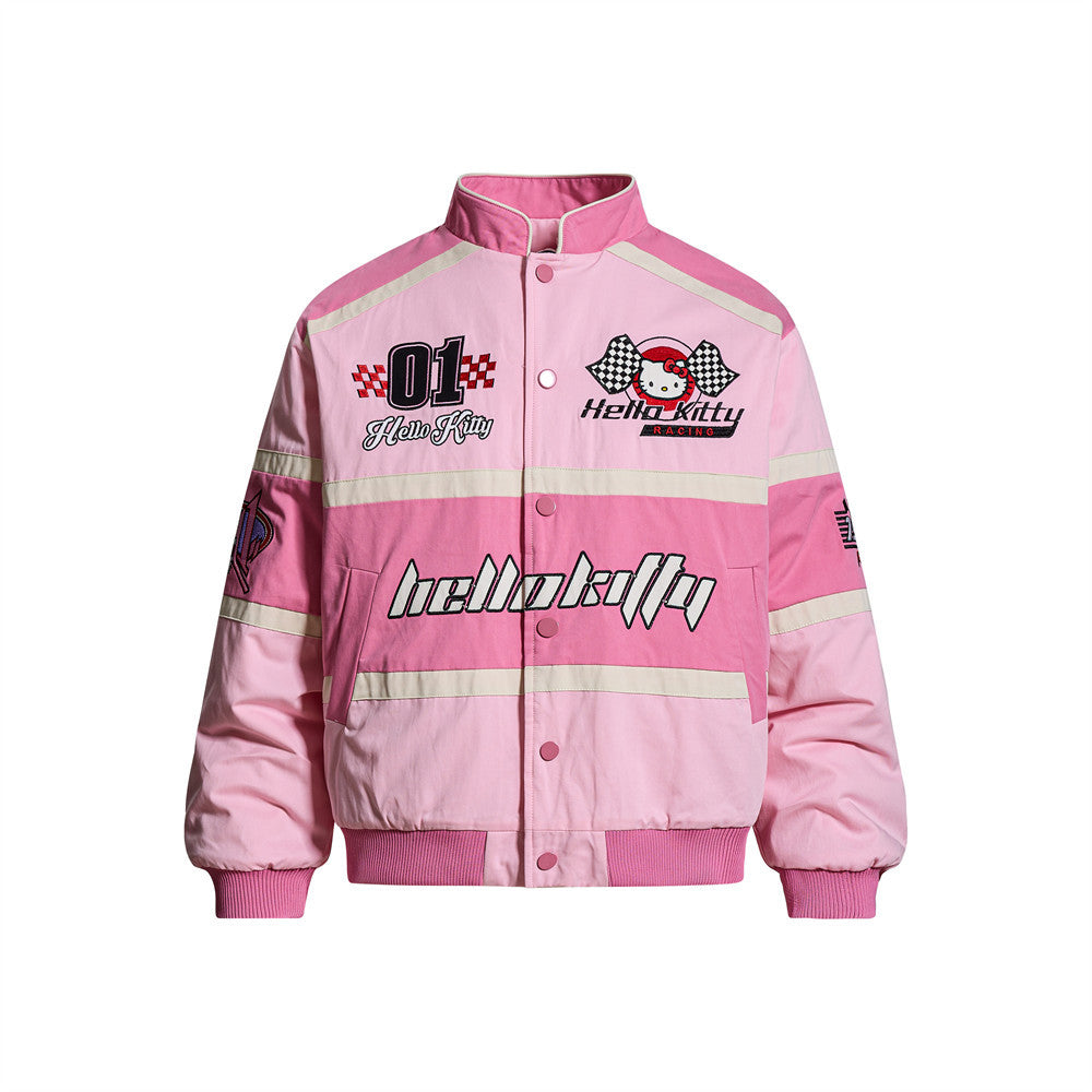 Cartoon Heavy Industry Embroidery Racing Style Standing Collar Cotton Jacket
