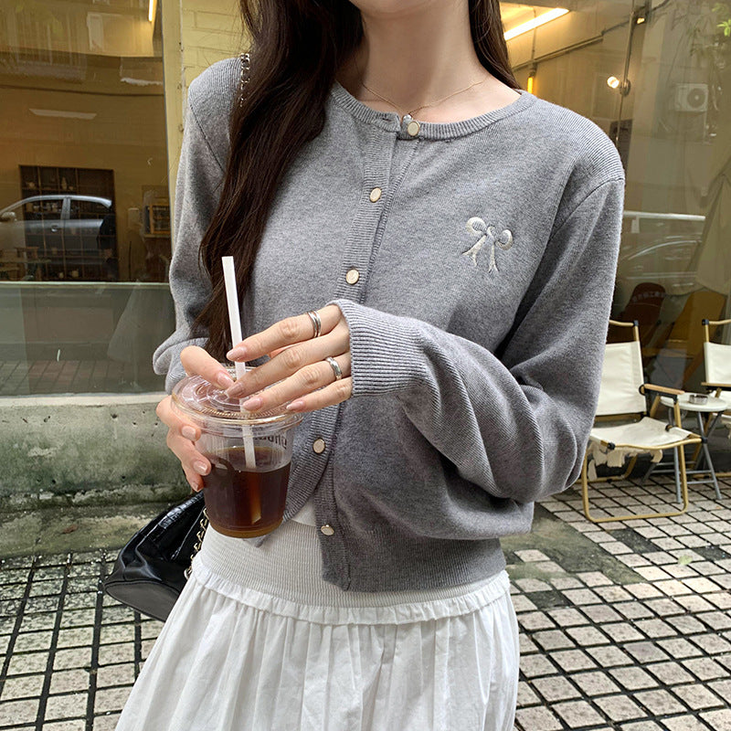 Butterfly Embroidery Loose Cardigan Knit Sweater Coat for Women, Short Chiffon Style Top